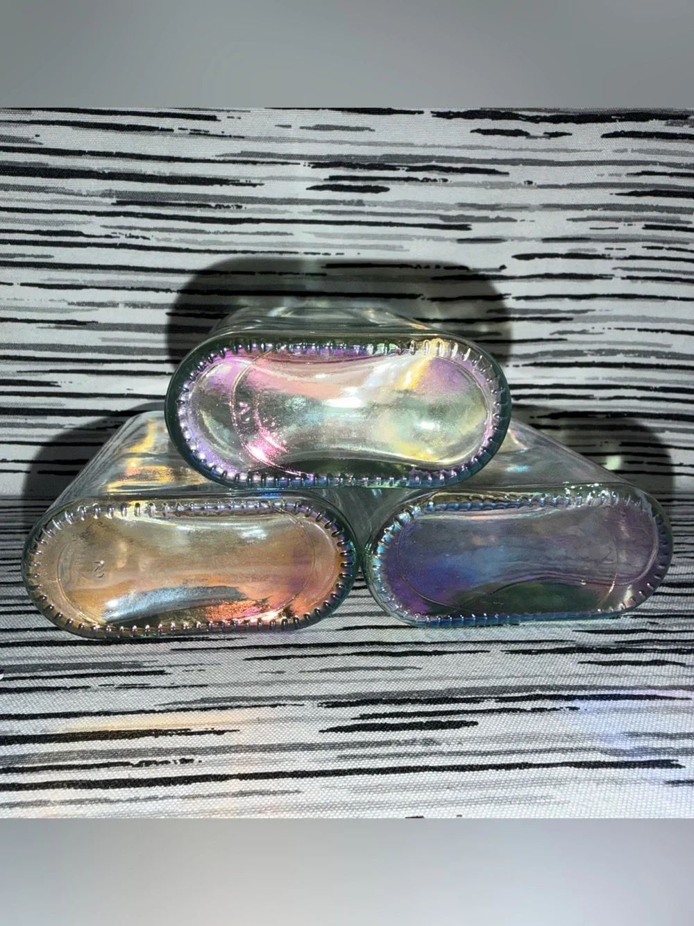 Set of 3 Clear Vases / Bottles With Carnival Glass Like Glaze.